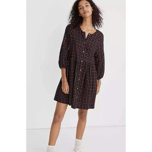 Madewell Plaid Flannel Button Shirt Dress Balloon Sleeve Pockets Babydoll Sz 4